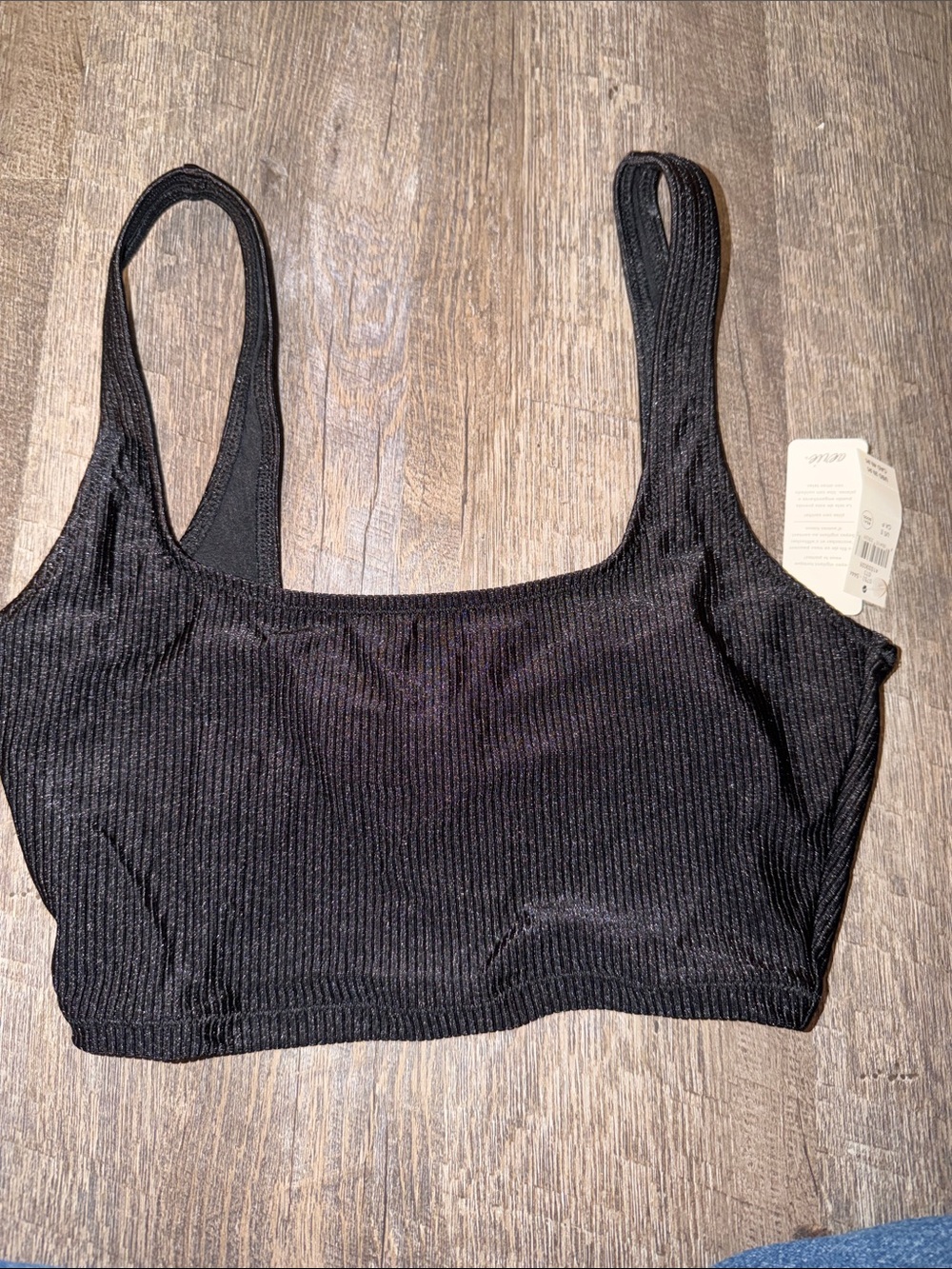 aerie Black Ribbed Shiny Black Bikini Top